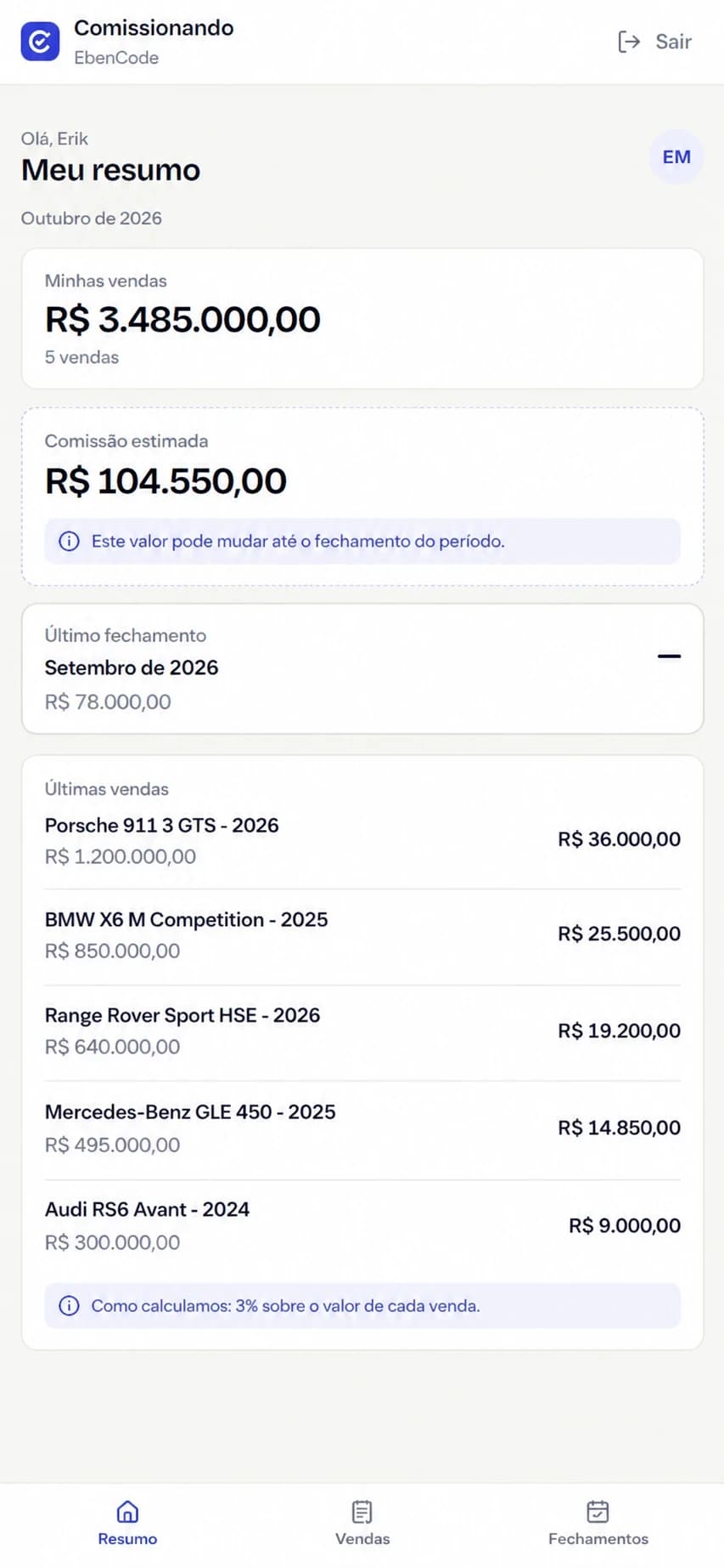 Área do vendedor no Comissionando para acompanhar vendas e comissões